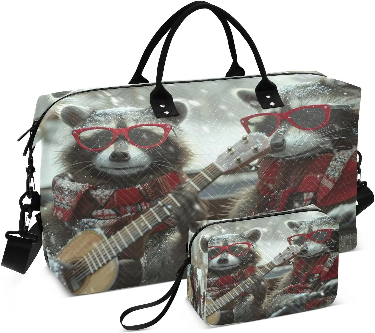 Kigai Foldable Travel Duffel Bags,Raccoon Guitarist Sports Duffel Bags for Men Women,Weekender Overnight Bag Gym Tote Bag with Toiletry Bag