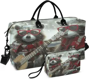 Kigai Foldable Travel Duffel Bags,Raccoon Guitarist Sports Duffel Bags for Men Women,Weekender Overnight Bag Gym Tote Bag with Toiletry Bag
