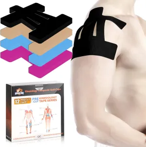 Kinesiology Tape for Shoulder Precut, 12 PCS Shoulder Tape for Pain Relief, KTQUICK Original Cotton Waterproof & Breathable, Enhance Elastic Sports Tape for Pain Support and Muscle Sports, Black
