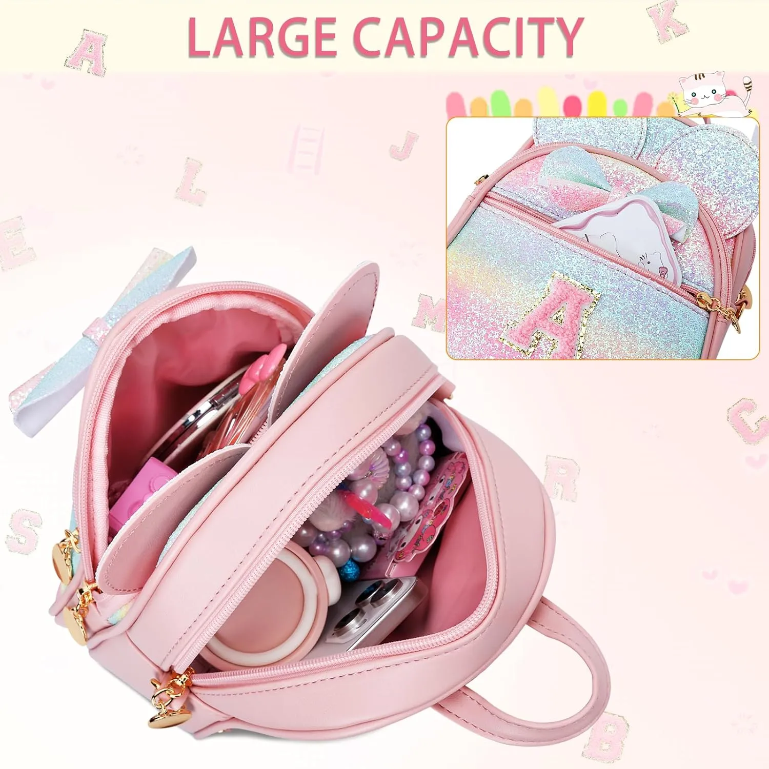 KKXIU Initial Bowknot Mini Backpacks for Girls Women, Small Cute Backpack Purse, Personalized Trendy Stuff Gifts for Toddler, Kids and Teen Girls(R, Rainbow)