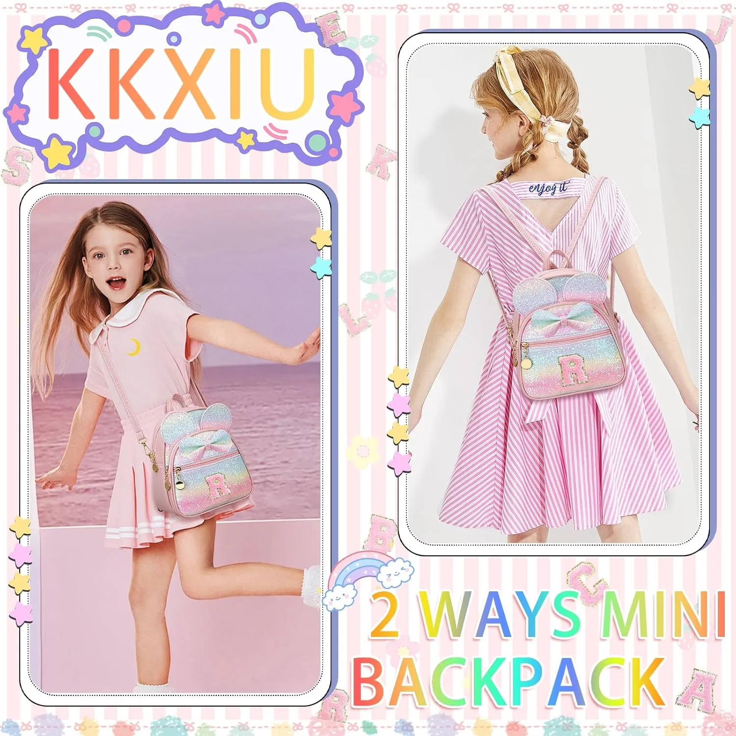 KKXIU Initial Bowknot Mini Backpacks for Girls Women, Small Cute Backpack Purse, Personalized Trendy Stuff Gifts for Toddler, Kids and Teen Girls(R, Rainbow)