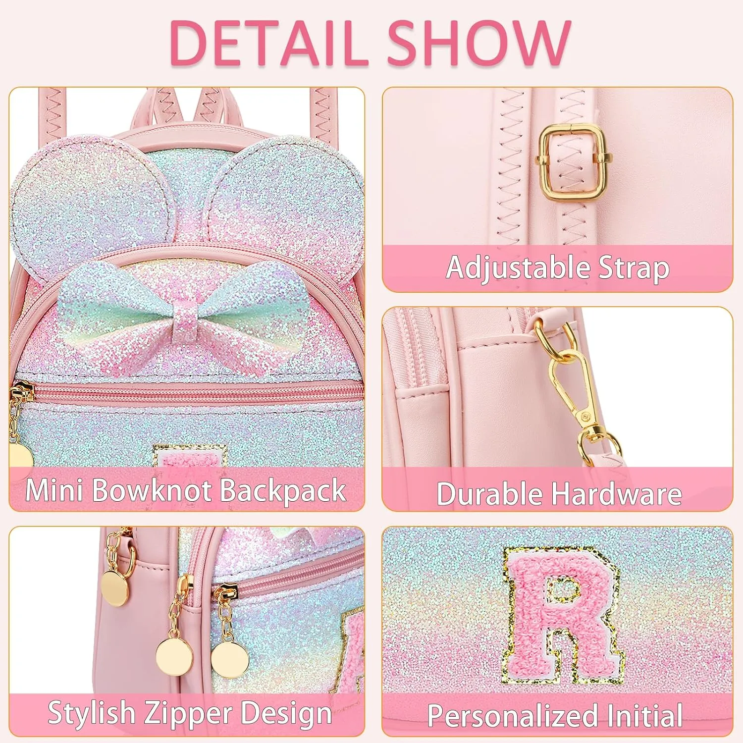 KKXIU Initial Bowknot Mini Backpacks for Girls Women, Small Cute Backpack Purse, Personalized Trendy Stuff Gifts for Toddler, Kids and Teen Girls(R, Rainbow)