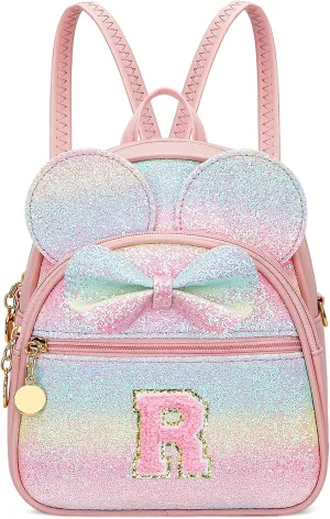 KKXIU Initial Bowknot Mini Backpacks for Girls Women, Small Cute Backpack Purse, Personalized Trendy Stuff Gifts for Toddler, Kids and Teen Girls(R, Rainbow)