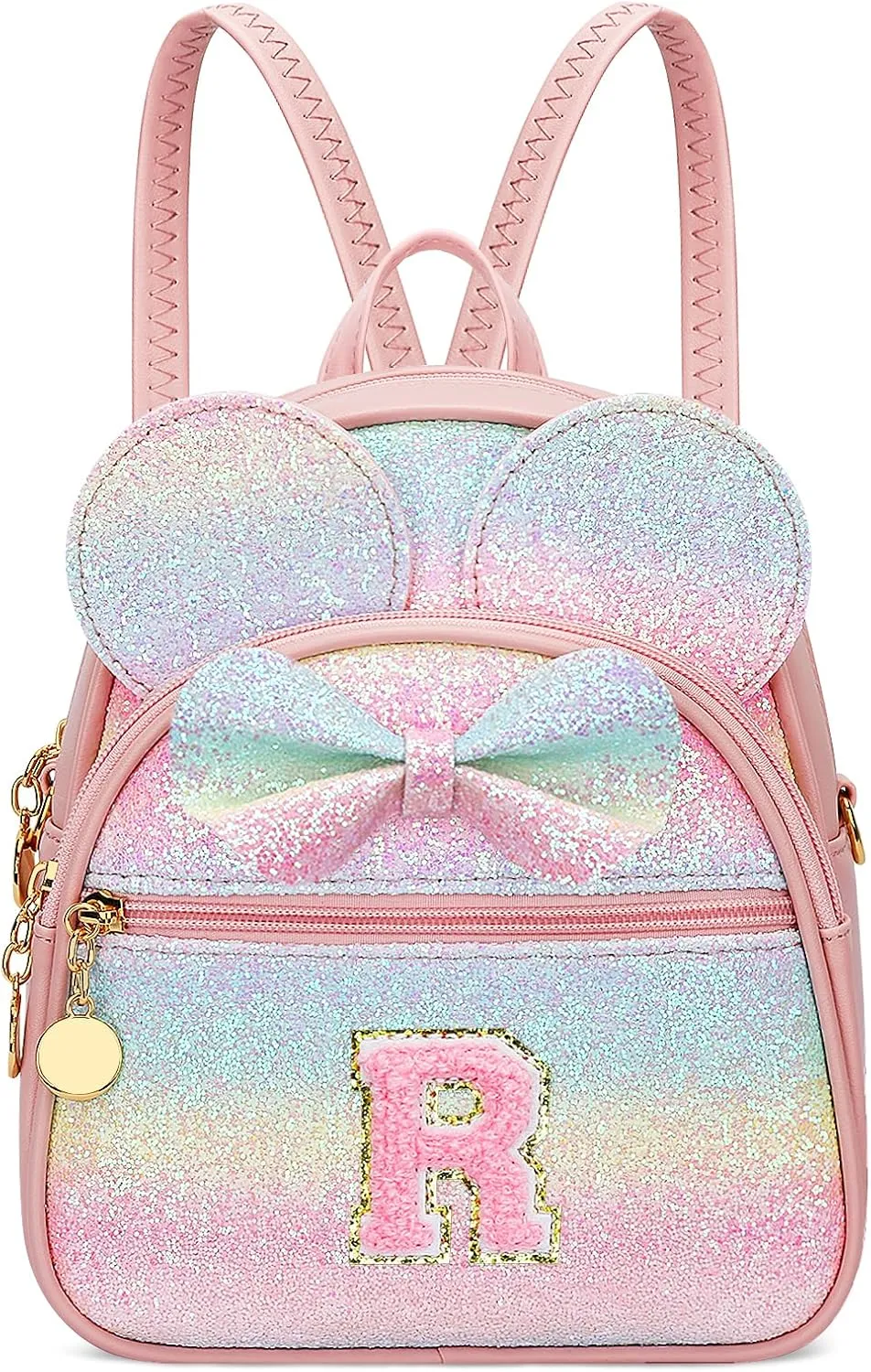 KKXIU Initial Bowknot Mini Backpacks for Girls Women, Small Cute Backpack Purse, Personalized Trendy Stuff Gifts for Toddler, Kids and Teen Girls(R, Rainbow)
