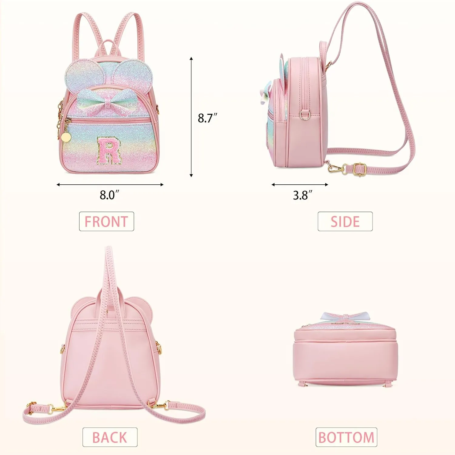 KKXIU Initial Bowknot Mini Backpacks for Girls Women, Small Cute Backpack Purse, Personalized Trendy Stuff Gifts for Toddler, Kids and Teen Girls(R, Rainbow)