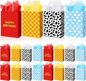 Kolldenn 32 Sets Cartoon Story Birthday Gift Bags with Tissue Paper Cow Cloud Blue Sky Pattern Goodie Treat Gift Bags Bulk with Handle for Happy Birthday Baby Shower Party Favors Supplies Decorations