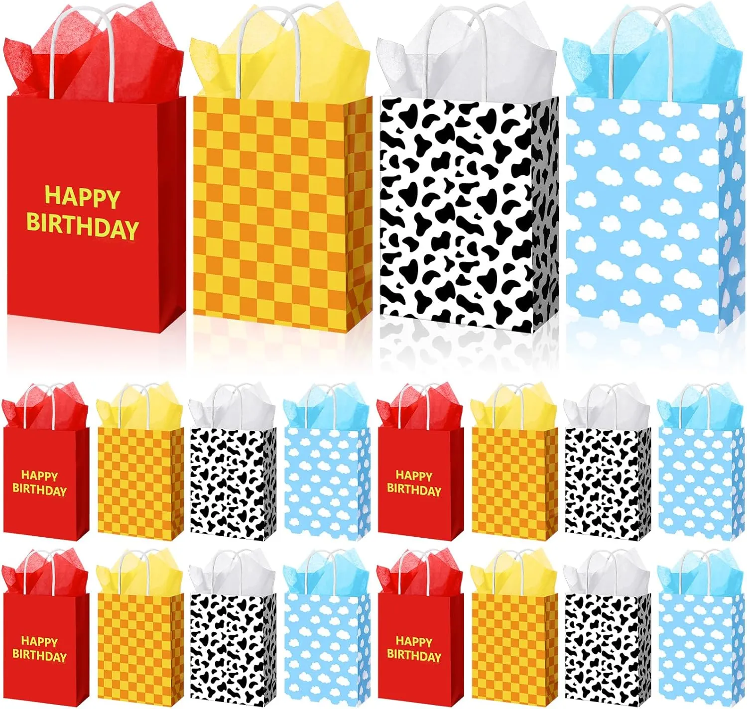 Kolldenn 32 Sets Cartoon Story Birthday Gift Bags with Tissue Paper Cow Cloud Blue Sky Pattern Goodie Treat Gift Bags Bulk with Handle for Happy Birthday Baby Shower Party Favors Supplies Decorations