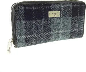 KWH Glen Appin of Scotland Grey & Black Tartan Check Harris Tweed Ladies Staffa Zip Round Purse Wallet