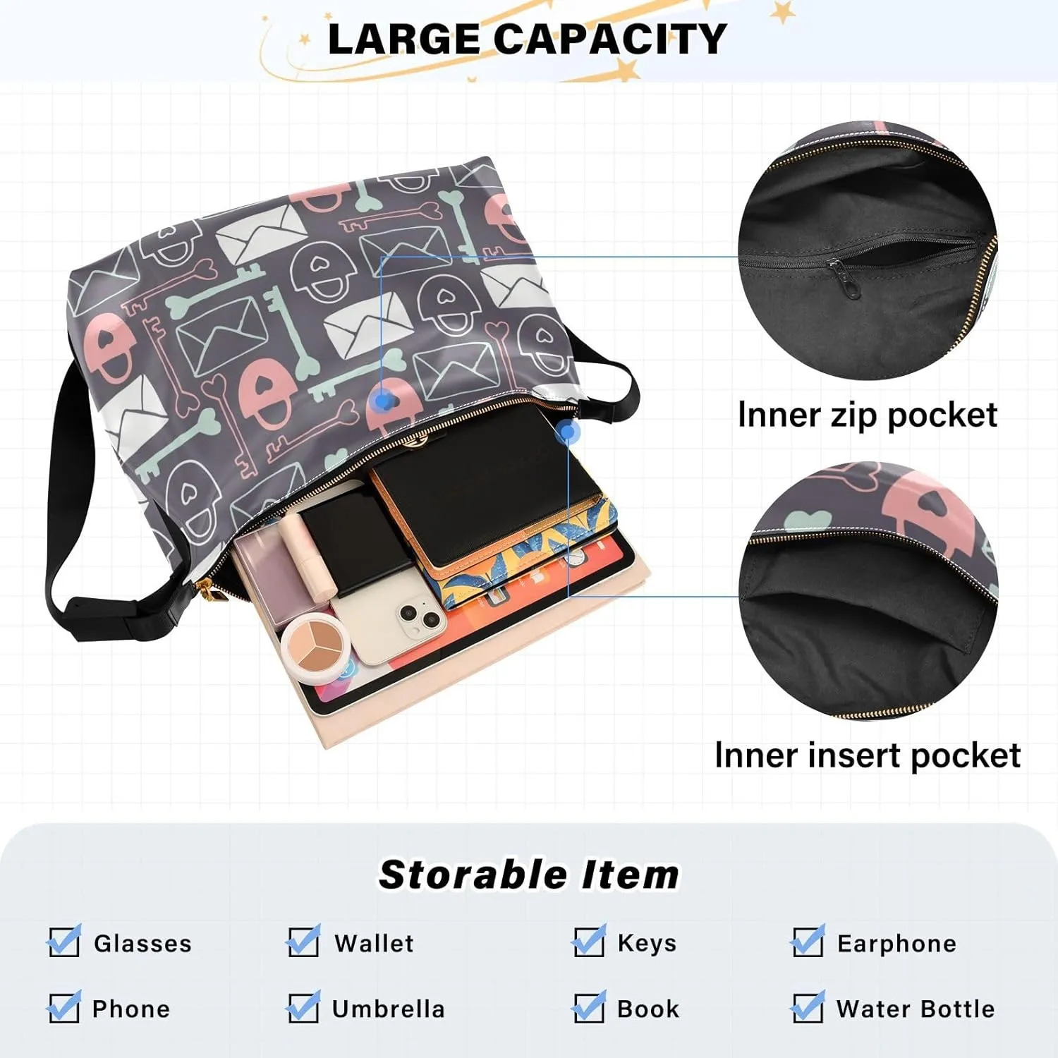 Lady's Leather Handbag with Zipper Adjustable Strap Shoulder Soft Hobo Crossboby Bag Pattern 1