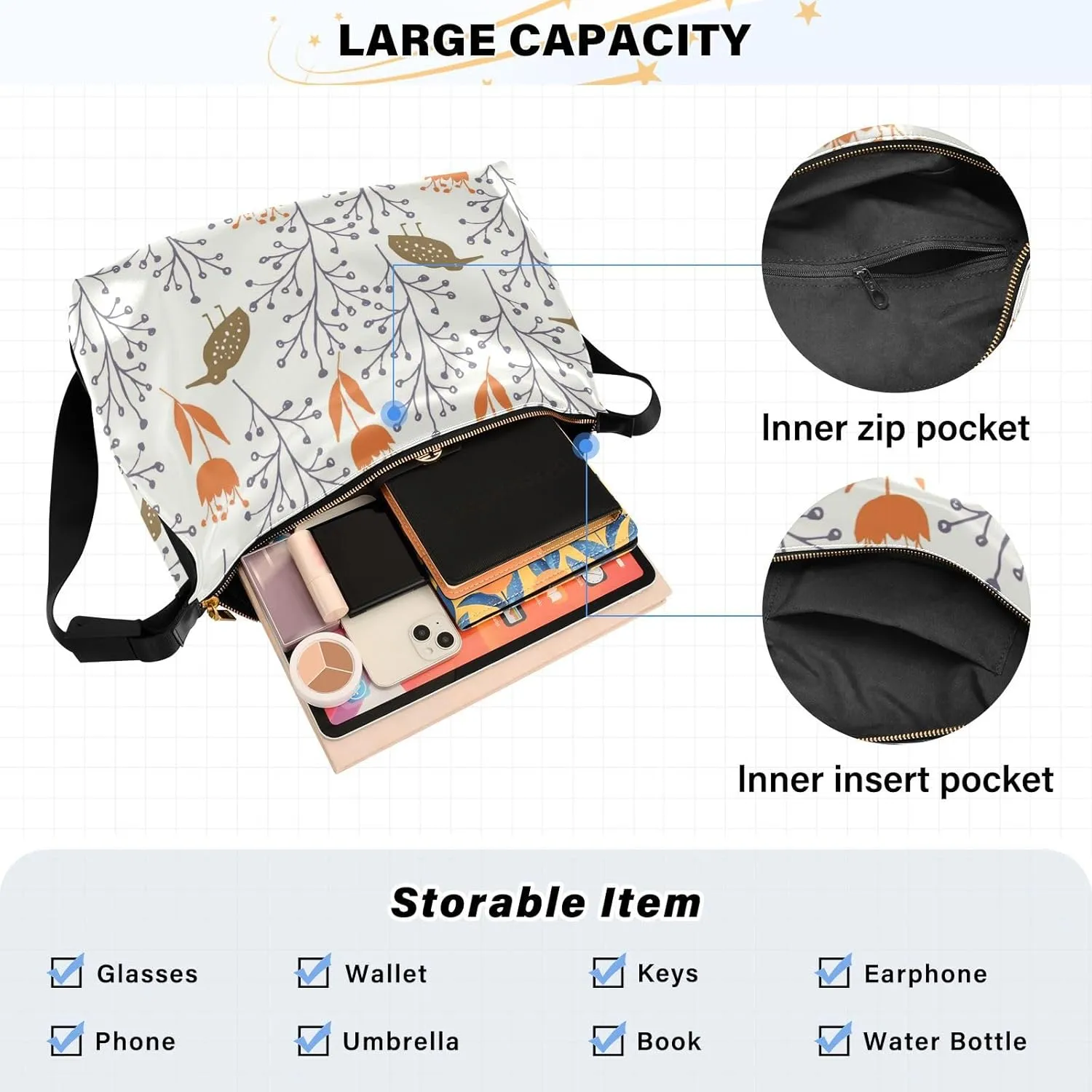 Lady's Leather Handbag with Zipper Adjustable Strap Shoulder Soft Hobo Crossboby Bag Pattern 1