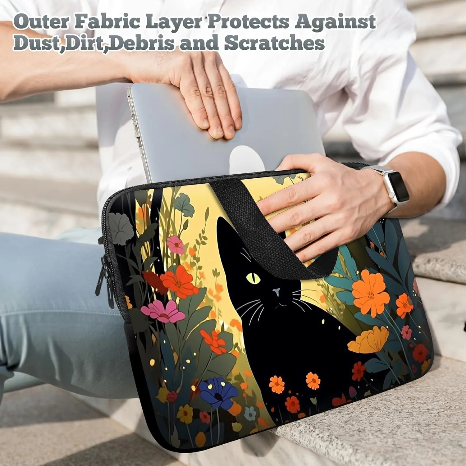 Laptop Sleeve Case Bag 15 inch, Cartoon Black Cat Slim Carrying Case Durable Handbag Travel Laptop Bag for 15 inch MacBook Air M3/M2/15 Pro/Surface Laptop 7/6/5/4/3/ Dell XPS 15 Plus