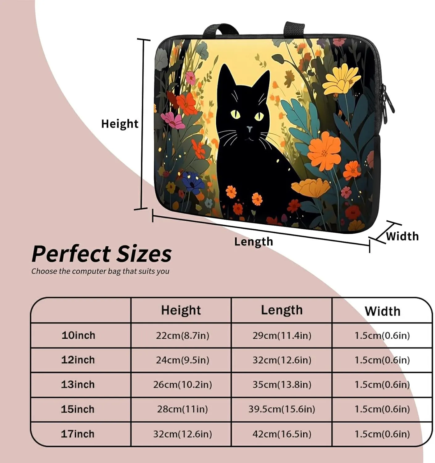 Laptop Sleeve Case Bag 15 inch, Cartoon Black Cat Slim Carrying Case Durable Handbag Travel Laptop Bag for 15 inch MacBook Air M3/M2/15 Pro/Surface Laptop 7/6/5/4/3/ Dell XPS 15 Plus