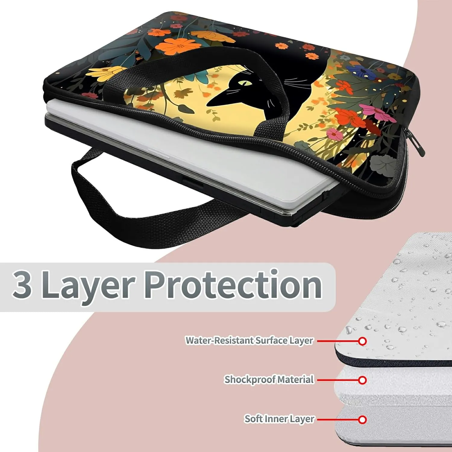 Laptop Sleeve Case Bag 15 inch, Cartoon Black Cat Slim Carrying Case Durable Handbag Travel Laptop Bag for 15 inch MacBook Air M3/M2/15 Pro/Surface Laptop 7/6/5/4/3/ Dell XPS 15 Plus