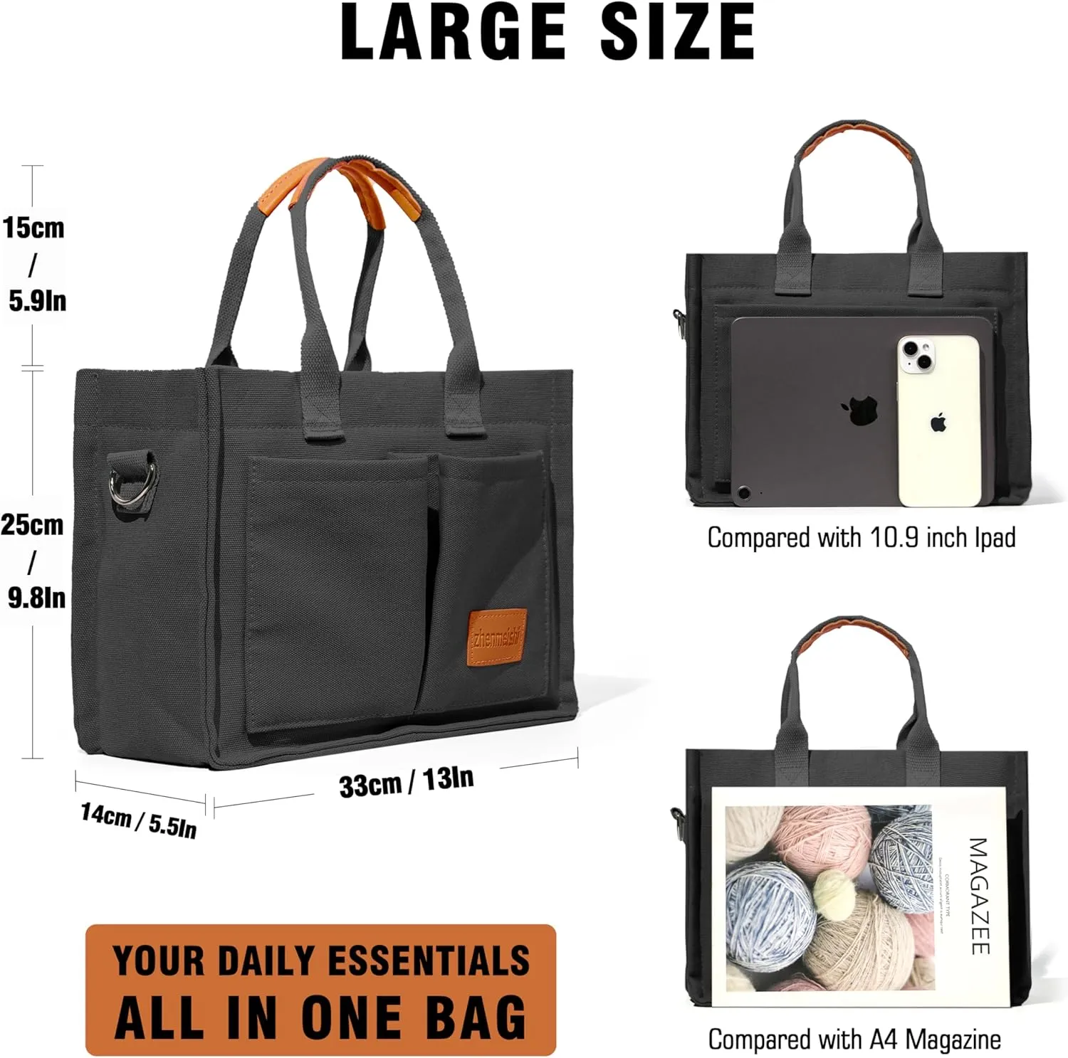 Large Canvas Tote Bag for Women with Pockets, Crossbody Shoulder Handbag Work Bags for Travel and Everyday Use