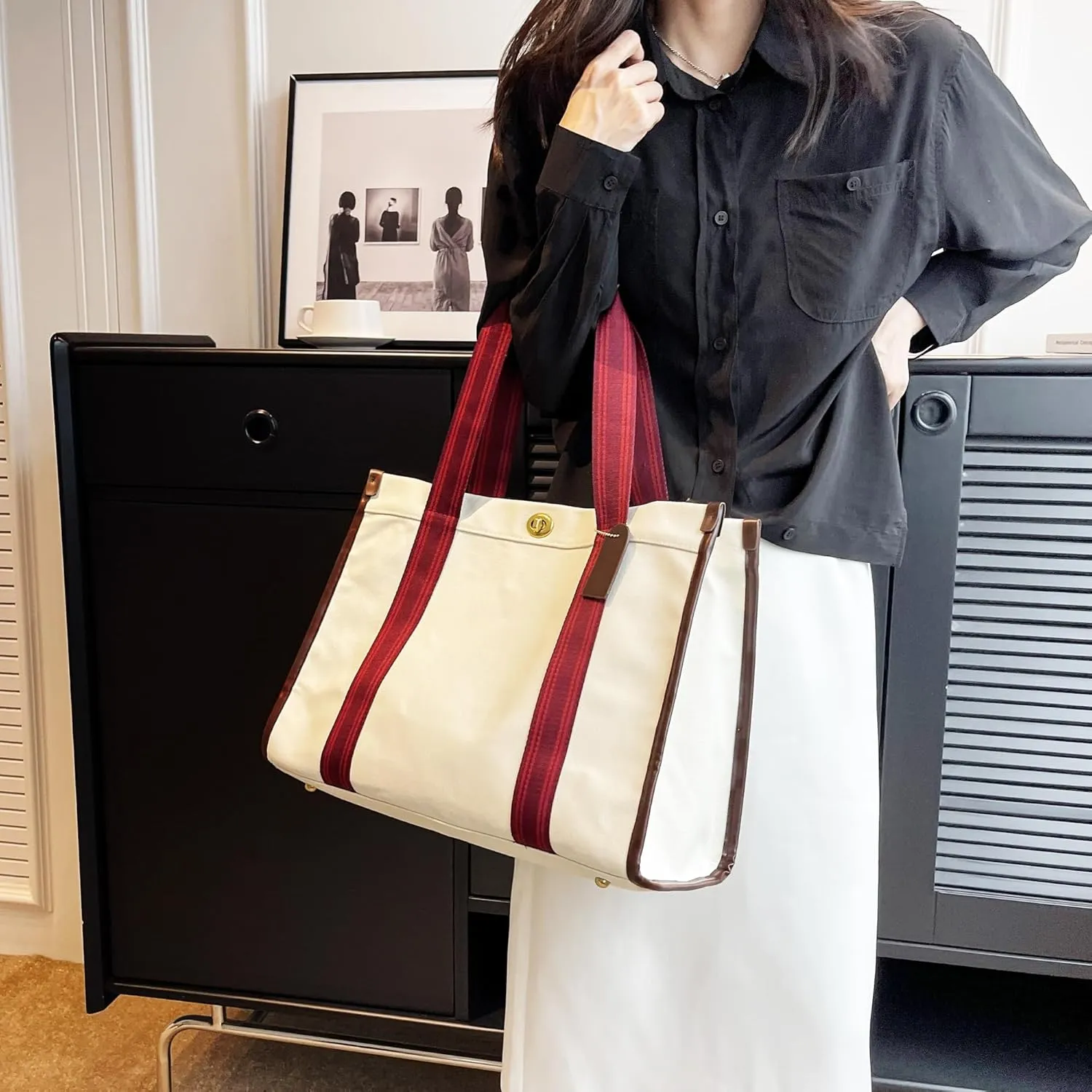 Large Canvas Tote Bag With Pockets for Women,Laptop Crossbody Purse Hobo Work Shoulder Bag Handbag for Gift Beach Travel