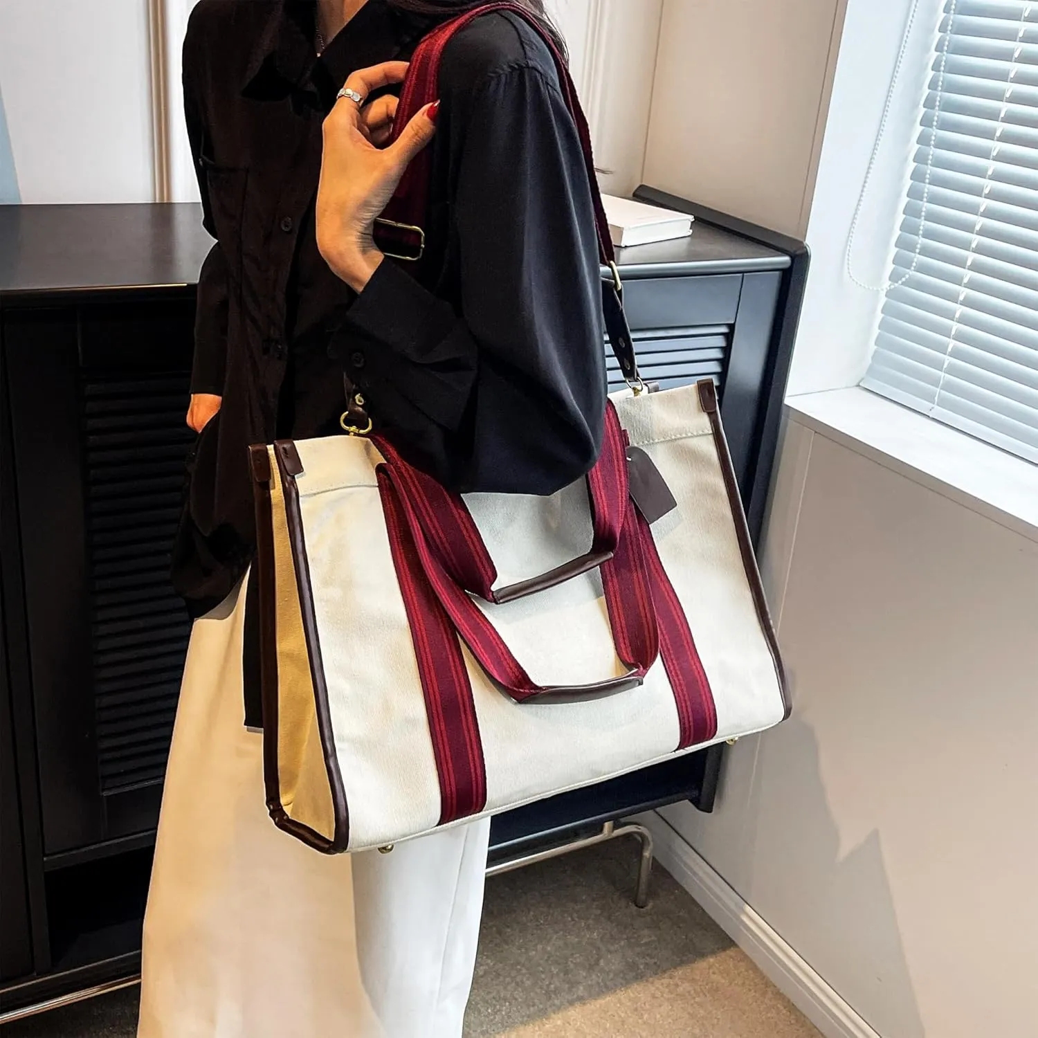 Large Canvas Tote Bag With Pockets for Women,Laptop Crossbody Purse Hobo Work Shoulder Bag Handbag for Gift Beach Travel