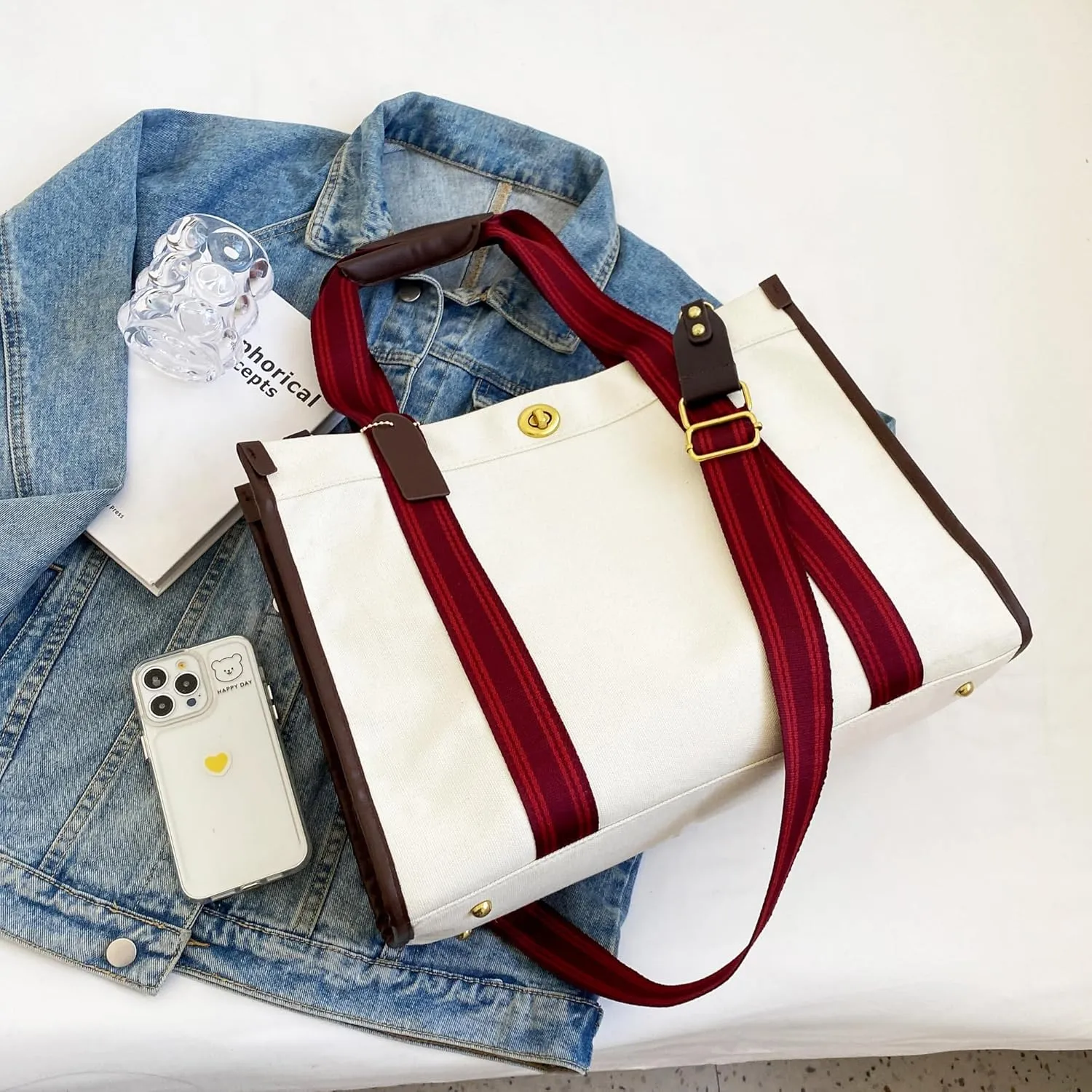 Large Canvas Tote Bag With Pockets for Women,Laptop Crossbody Purse Hobo Work Shoulder Bag Handbag for Gift Beach Travel