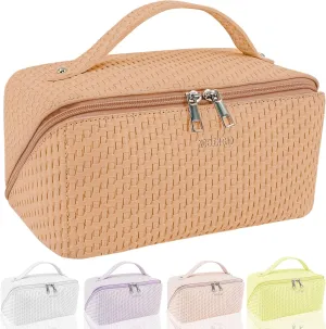 Large Capacity Travel Makeup Bag for Women,Portable Cosmetic Bag , New Popular PU Leather Waterproof Cosmetic Bag,Travel Makeup Bag With Handle and Divider Makeup Organizer Easy Access. (Light Brown)