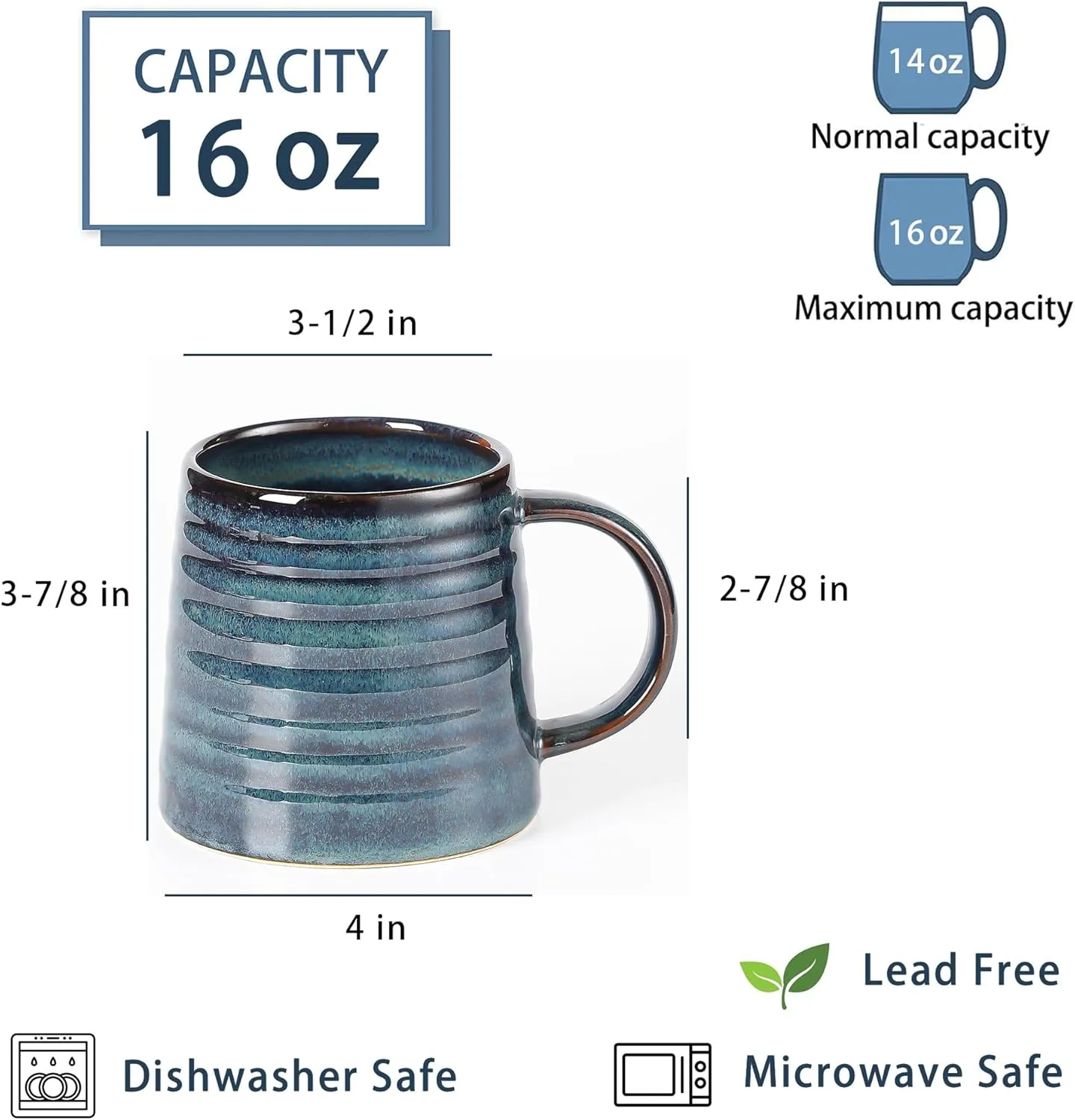 Large Ceramic Coffee Mugs, Handmade Pottery Mug, Tea Cups with Handle for Office and Home, 16 oz, Dishwasher and Microwave Safe (Blue Green)