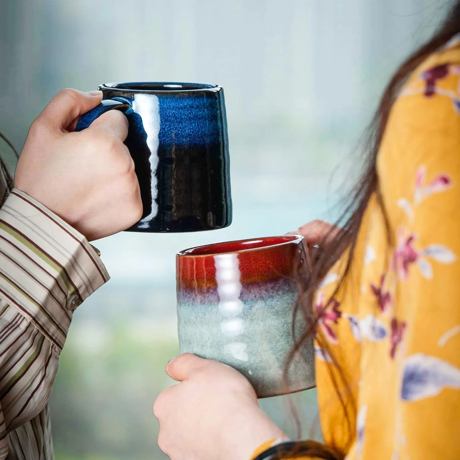 Large Ceramic Coffee Mugs, Handmade Pottery Mug, Tea Cups with Handle for Office and Home, 16 oz, Dishwasher and Microwave Safe (Blue Green)