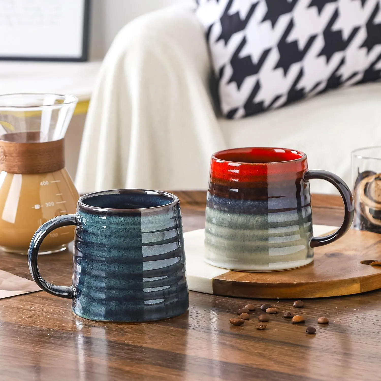 Large Ceramic Coffee Mugs, Handmade Pottery Mug, Tea Cups with Handle for Office and Home, 16 oz, Dishwasher and Microwave Safe (Blue Green)