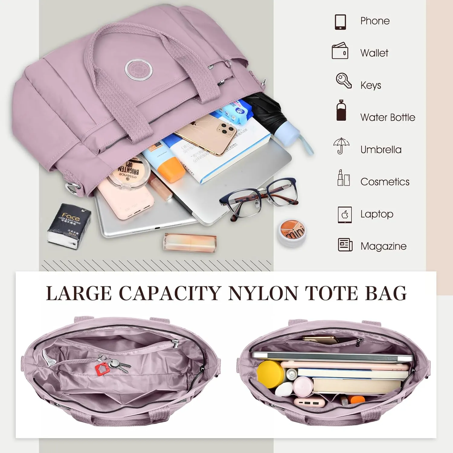 Large Tote Bag for Women, Waterproof Nylon Crossbody Tote Bag Shoulder Bag Carry On Bags for Travel Work Gym
