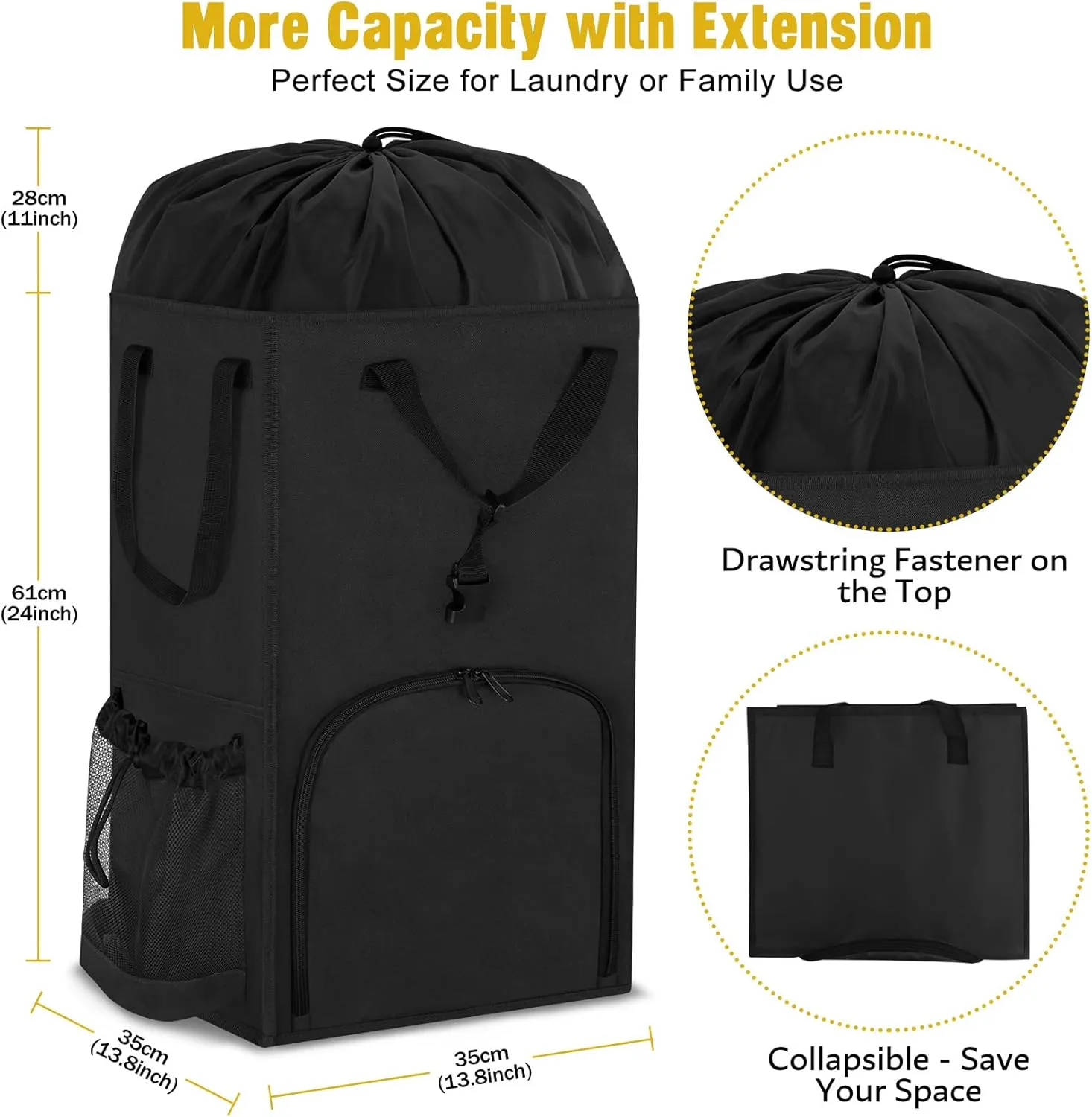Laundry Bag Backpack Extra Large 110L, Stand up Travel Heavy Duty Landry Bags with Shoulder Straps, Collapsible and Extension Laundry Basket Hamper Bag for College Dorm, Laundromat, Apartment, Black