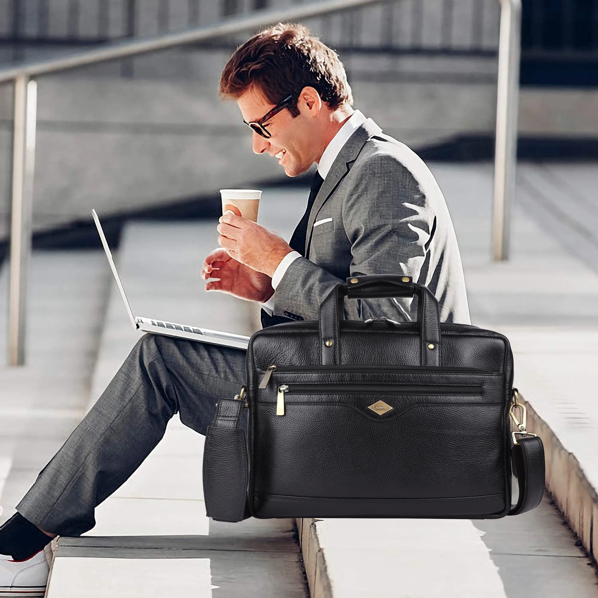 Laveri® Genuine Leather Laptop Messenger bag #2815 Black
