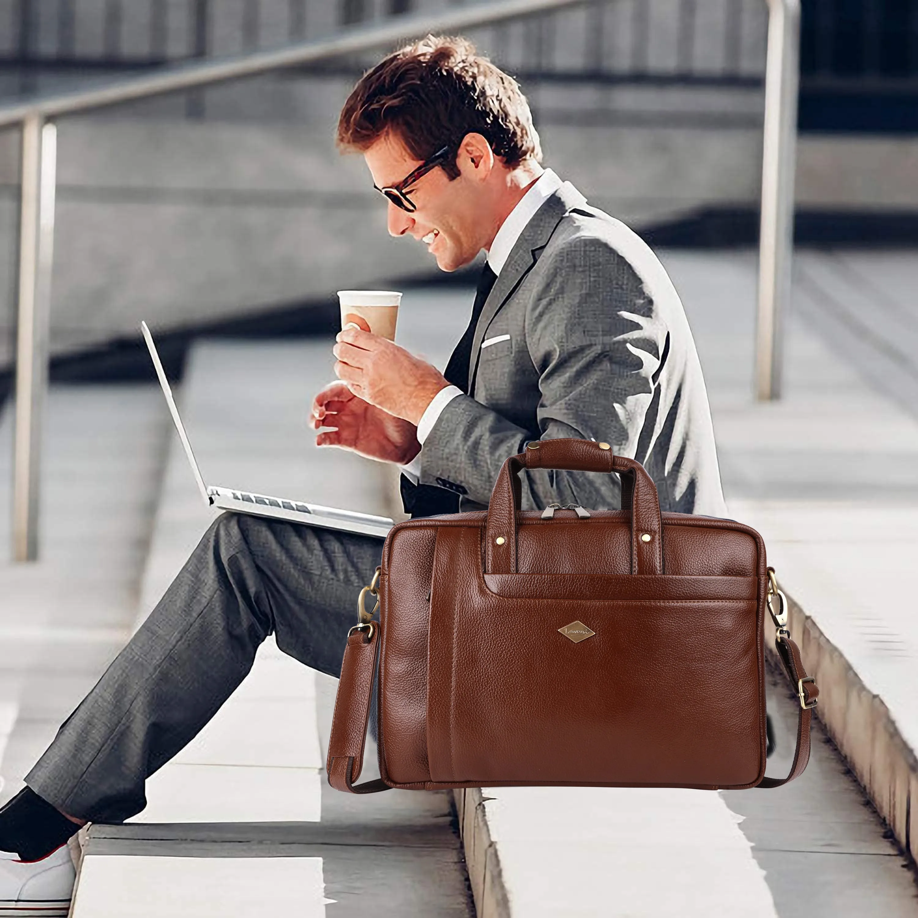 Laveri® Genuine Leather Laptop Messenger bag #2866 Tan