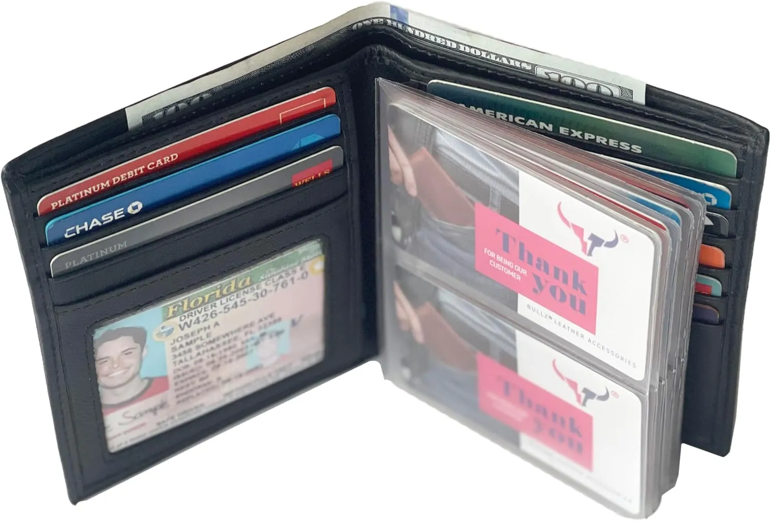 Leather European Bifold Hipster Mens Wallet With Heavy Duty Vinyl Wallet Insert (Black)
