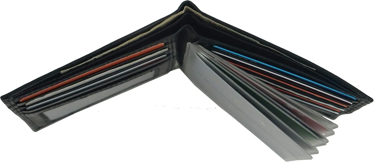 Leather European Bifold Hipster Mens Wallet With Heavy Duty Vinyl Wallet Insert (Black)