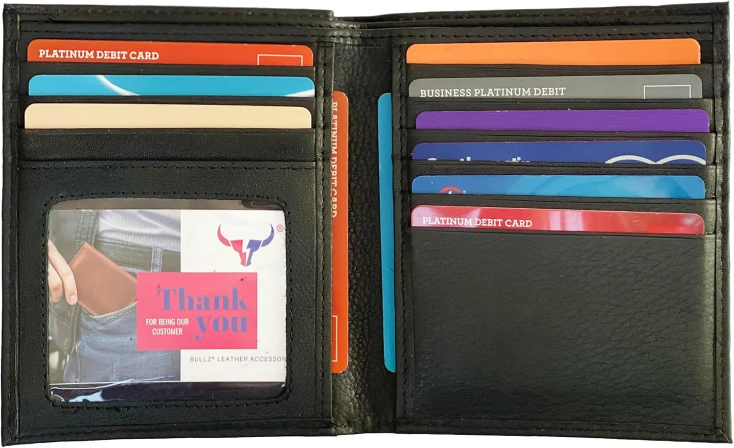 Leather European Bifold Hipster Mens Wallet With Heavy Duty Vinyl Wallet Insert (Black)