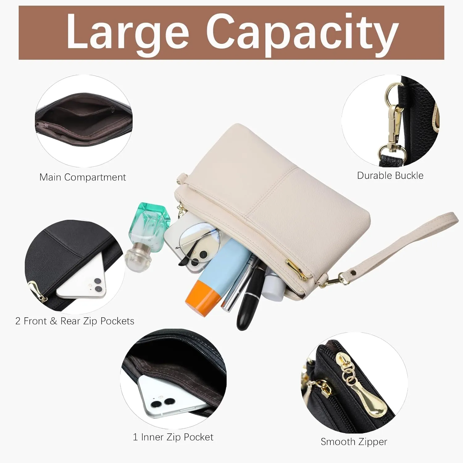 Leather Wristlet Clutch Wallet Purses For Women,Women's Triple Zip Cell Phone Bags Small Crossbody Bag