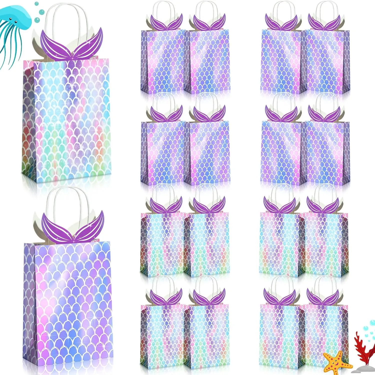 Leinuosen 16 Pcs Mermaid Party Favors Bags Birthday Decoration Mermaid Tail Goodie Gift Bag for Baby Shower Birthday