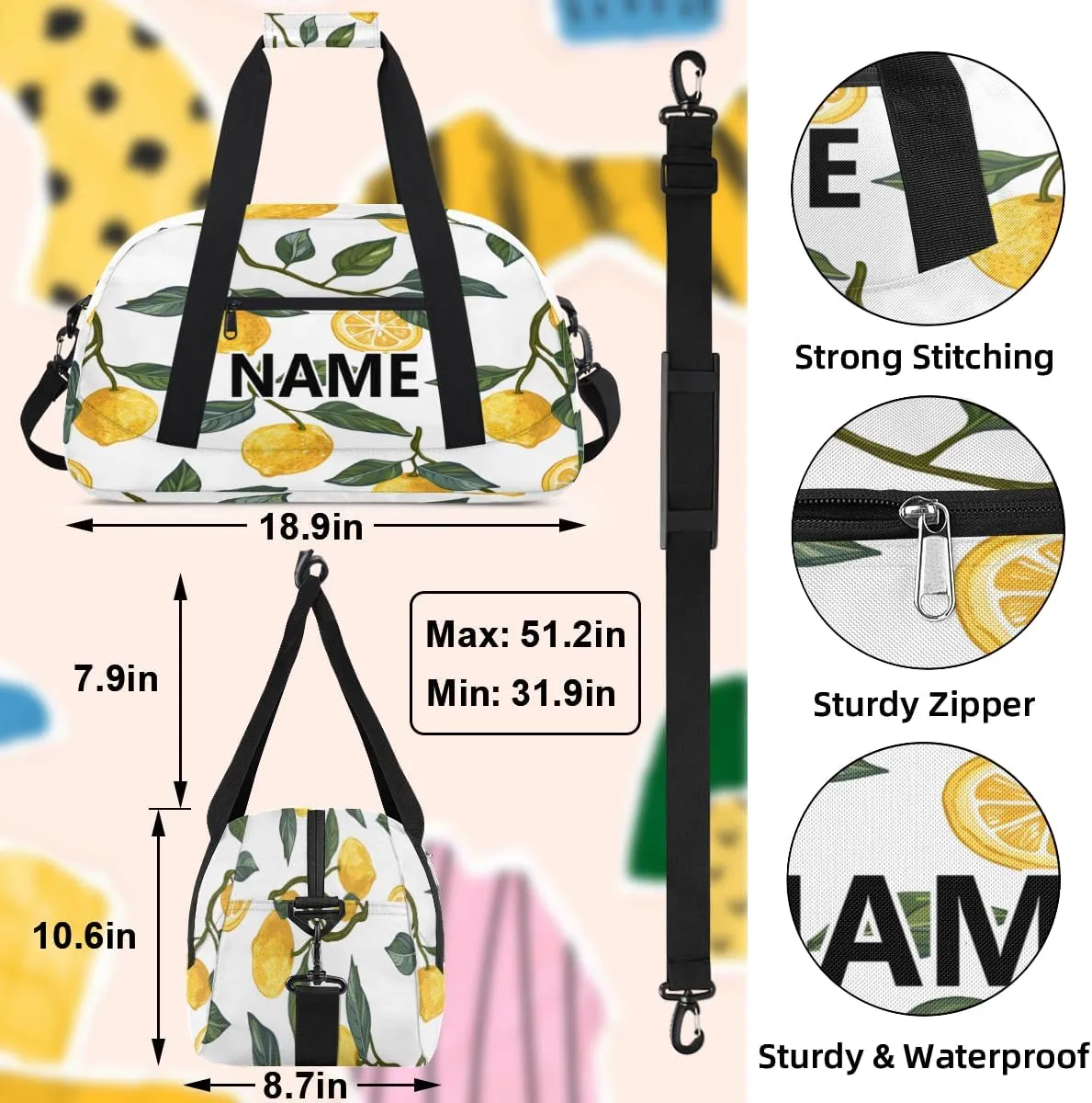 Lemon Mini Gym Bag 18 inch for Women Men Waterproof Custom Spring Summer Theme Travel Duffel Bag Carry On Overnight Tote Nurse Bag for Work Fitness Hiking