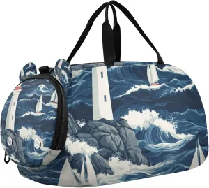 Lighthouse and Sailboats Duffle Bag for Toddler Girls Boys, Sports Gym Bag with Shoe Compartments, Kids Travel Overnight Weekender Shoulder Bag