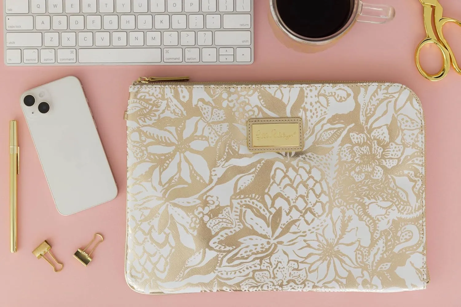Lilly Pulitzer Padded Tech Sleeve with Small Zip Pouch for Accessories, Cute Laptop Case for Women, Tablet Bag or 13 Inch Laptop Sleeve, Safari Sangria Gold