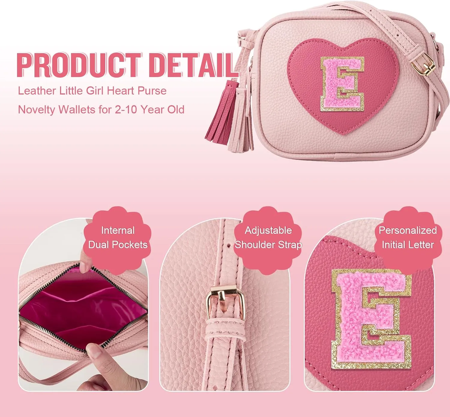 Little Girls' Birthday Gifts - Heart Purse, Small Crossbody Bag with Tassel, Personalized Initial Purse for Teens, Daughters, Sisters (Ages 2-10)