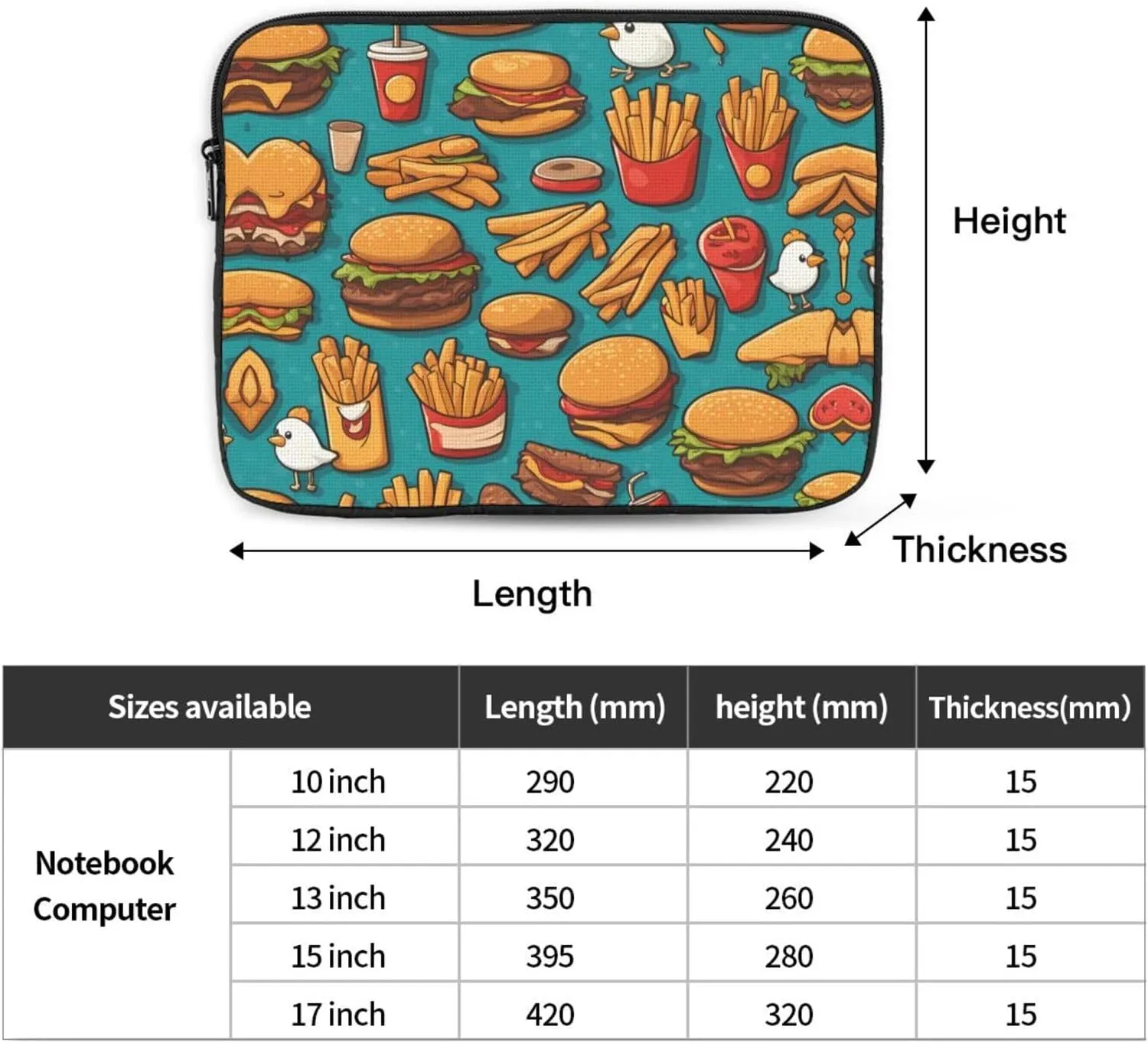 Lots of Cartoon Burger Fries Pattern Shockproof Portable Laptop 15 inch Sleeve Bag for Men and Women - Ideal for Business Travel, School, and Daily Use