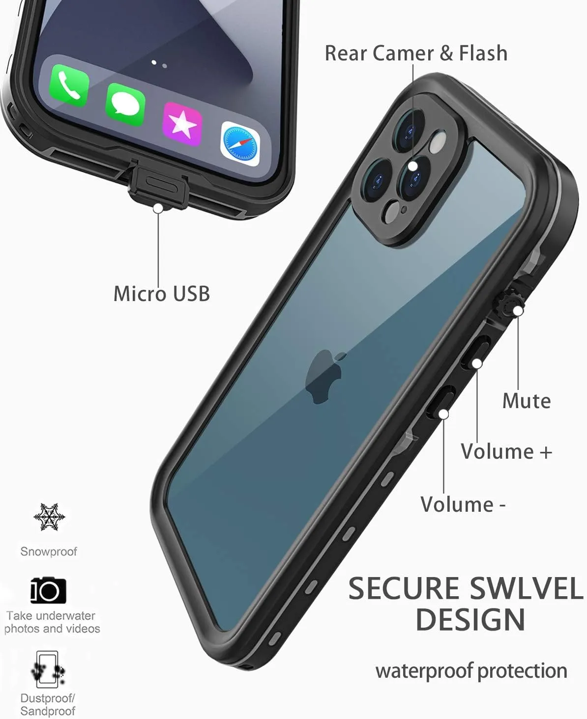 LOVE BEIDI Design for iPhone 12 Pro Waterproof Case, Full Body Shockproof Case with Screen Protector, Dust Proof Phone Cover for iPhone 12 Pro 6.1 Inch (Black)