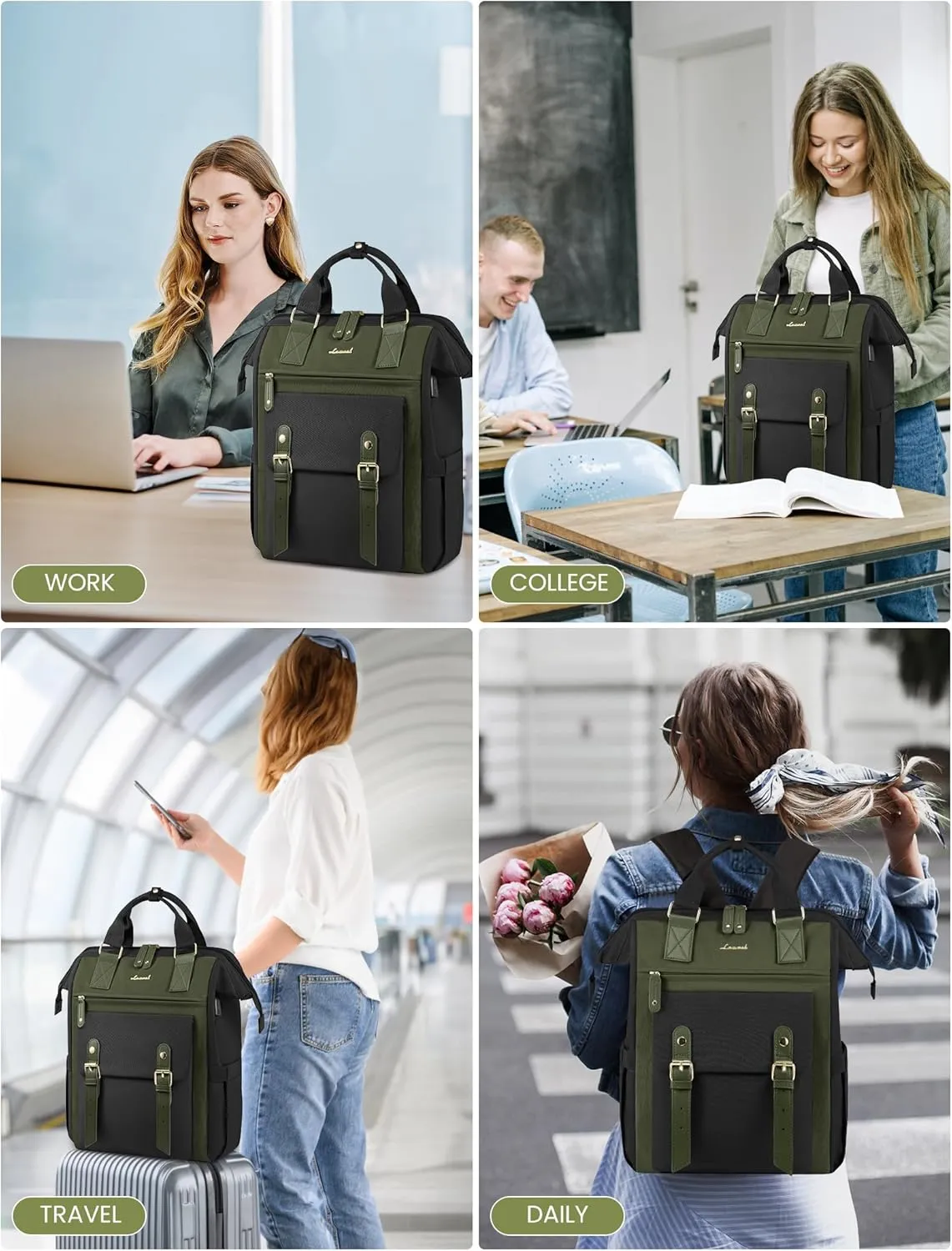 LOVEVOOK 17 Inch Laptop Backpack For Women, Teacher Work Backpack Purse, Waterproof Travel Backpack, Nurse Bag Business Laptop Bag, Wide Open Computer Back Pack, Black-army Green