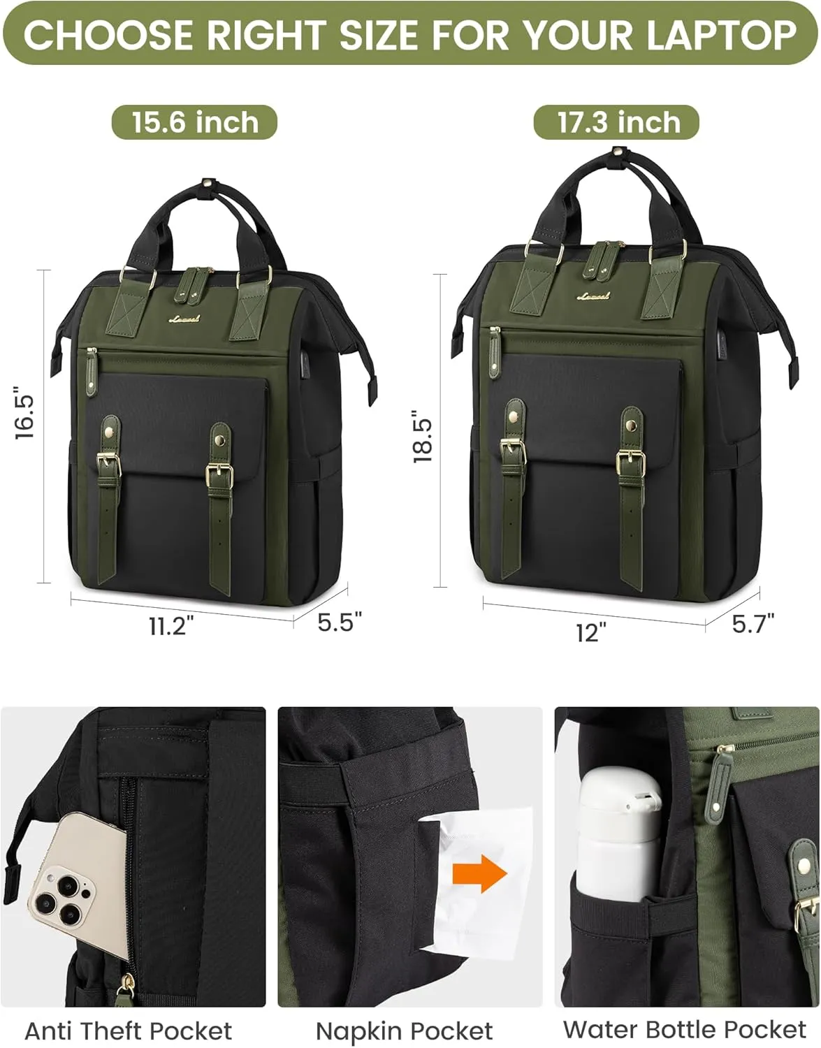 LOVEVOOK 17 Inch Laptop Backpack For Women, Teacher Work Backpack Purse, Waterproof Travel Backpack, Nurse Bag Business Laptop Bag, Wide Open Computer Back Pack, Black-army Green