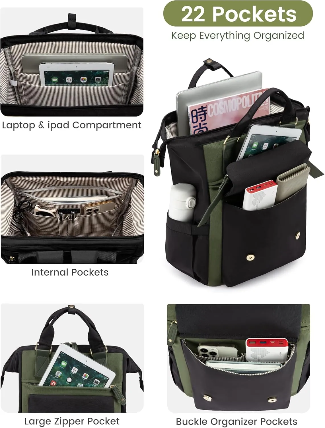 LOVEVOOK 17 Inch Laptop Backpack For Women, Teacher Work Backpack Purse, Waterproof Travel Backpack, Nurse Bag Business Laptop Bag, Wide Open Computer Back Pack, Black-army Green