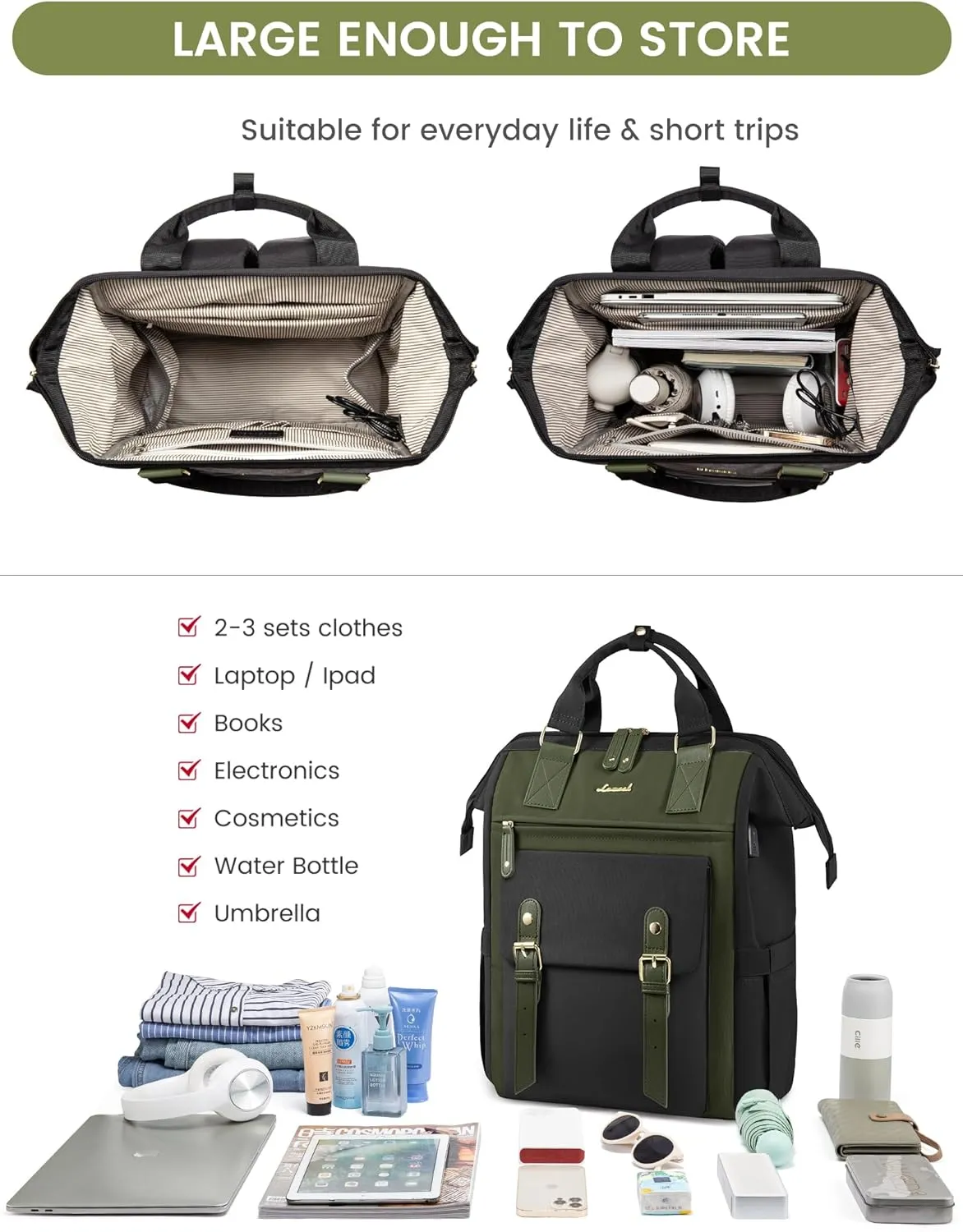 LOVEVOOK 17 Inch Laptop Backpack For Women, Teacher Work Backpack Purse, Waterproof Travel Backpack, Nurse Bag Business Laptop Bag, Wide Open Computer Back Pack, Black-army Green