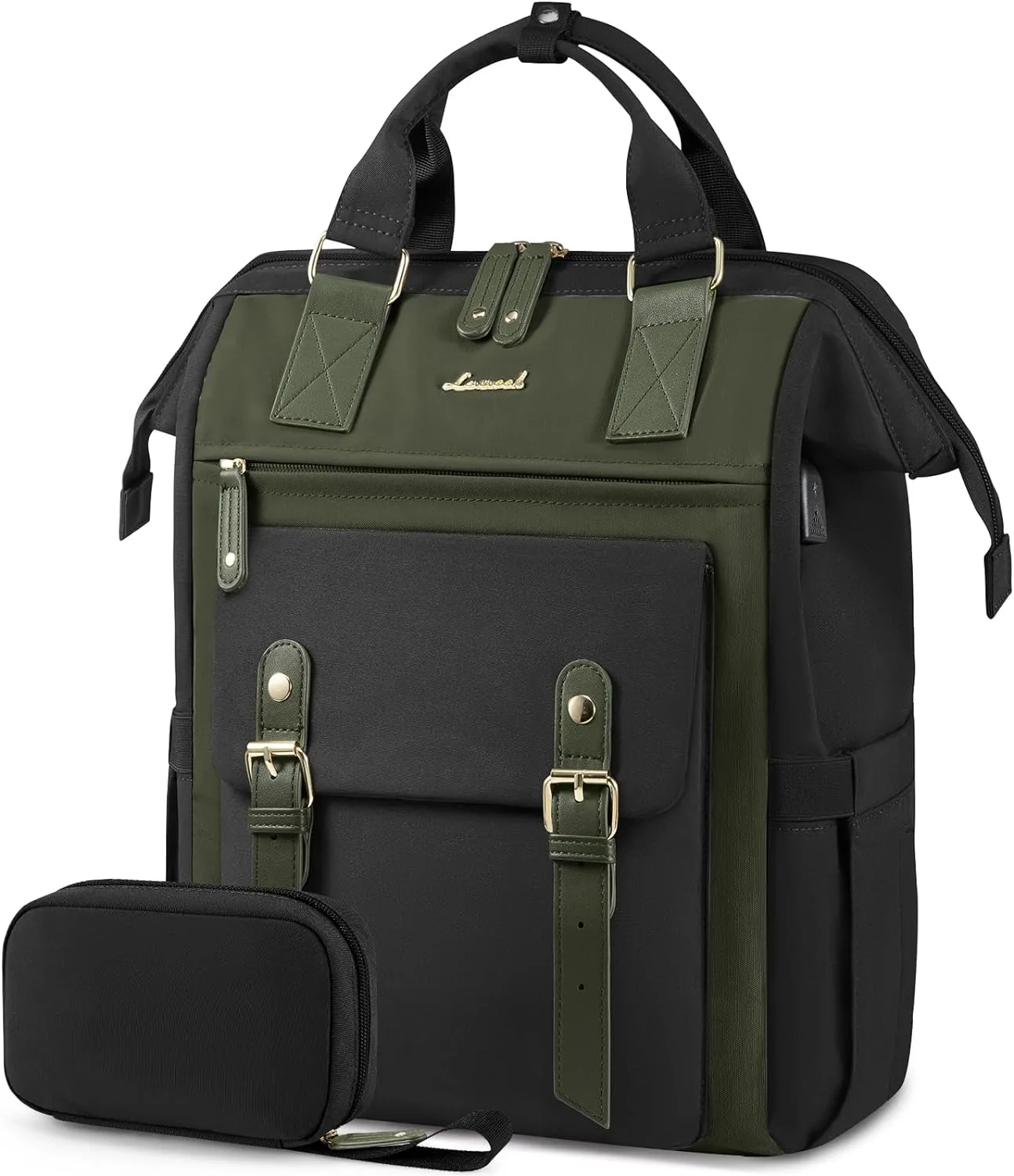LOVEVOOK 17 Inch Laptop Backpack For Women, Teacher Work Backpack Purse, Waterproof Travel Backpack, Nurse Bag Business Laptop Bag, Wide Open Computer Back Pack, Black-army Green