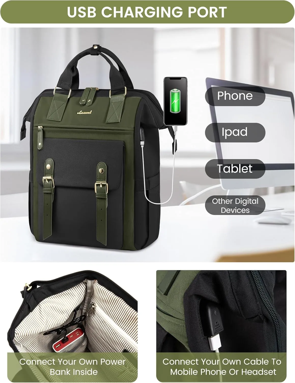 LOVEVOOK 17 Inch Laptop Backpack For Women, Teacher Work Backpack Purse, Waterproof Travel Backpack, Nurse Bag Business Laptop Bag, Wide Open Computer Back Pack, Black-army Green