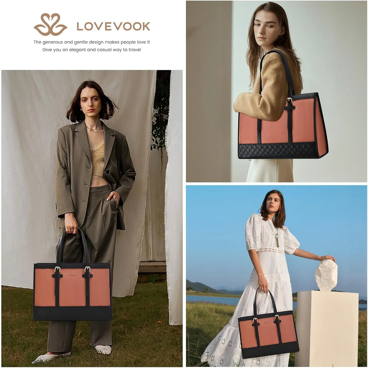 LOVEVOOK Laptop Bag for Women 15.6 inch Canvas Laptop Tote Bag, Large Capacity Work Bags with Clutch Purse, Computer Bags Office Business Briefcase, Casual Handbag for Travel College Teacher