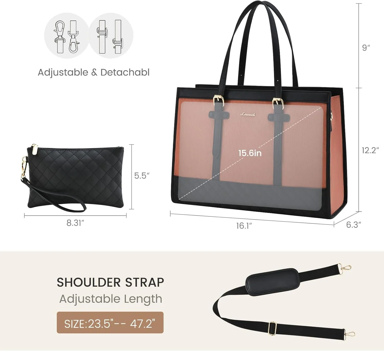 LOVEVOOK Laptop Bag for Women 15.6 inch Canvas Laptop Tote Bag, Large Capacity Work Bags with Clutch Purse, Computer Bags Office Business Briefcase, Casual Handbag for Travel College Teacher