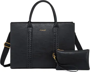 LOVEVOOK Laptop Bag for Women, Vintage Leather Work Bags, Professional Computer Bag Laptop Tote Bag, Business Handbag Office Briefcase Large Shoulder Purse, Black