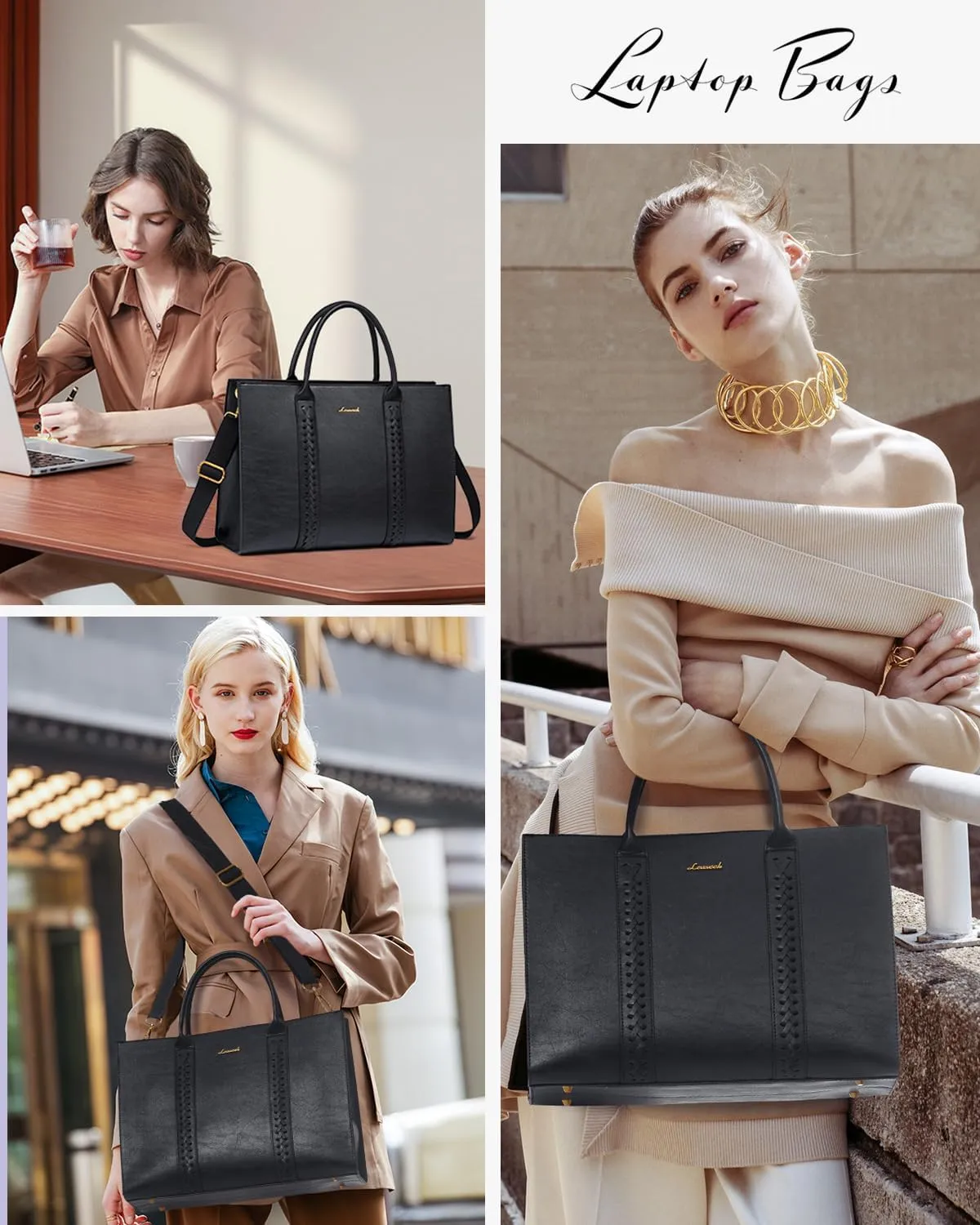 LOVEVOOK Laptop Bag for Women, Vintage Leather Work Bags, Professional Computer Bag Laptop Tote Bag, Business Handbag Office Briefcase Large Shoulder Purse, Black